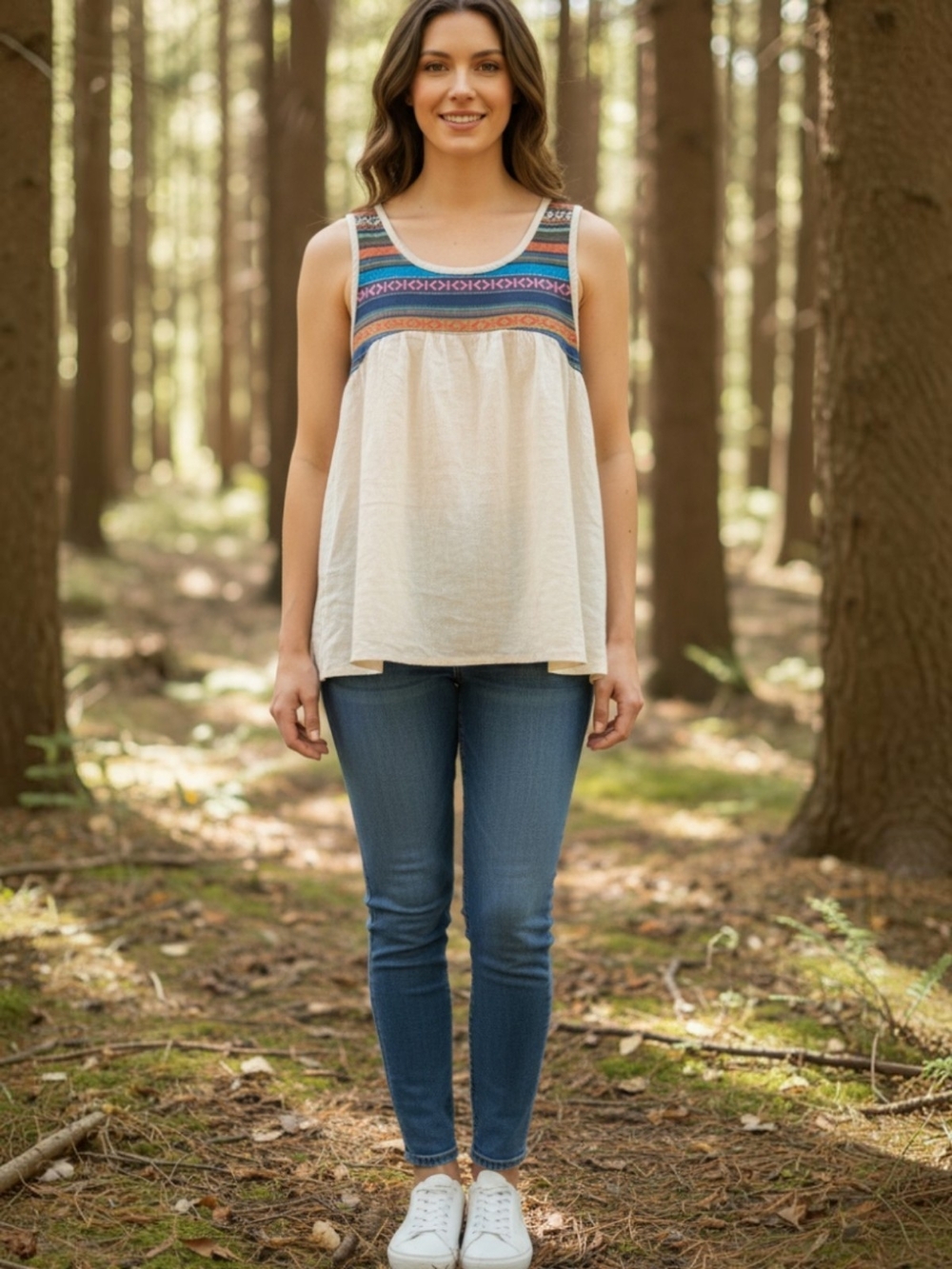 Robin K Boho Embroidered Scoop-Neck Tank Top - Cream with Multicolor Yoke